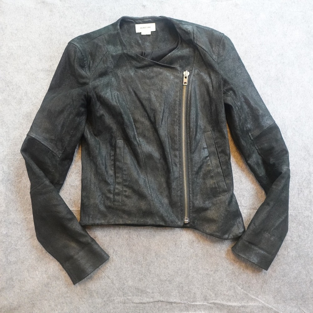 Helmut Lang Jacket Women XS‎ Black Lambskin Leather Asymmetrical Zip Moto
